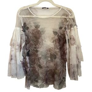 Cleo Size XL Sheer Mesh Floral Top Cream Purple Tiered Sleeve Fairy Romantic